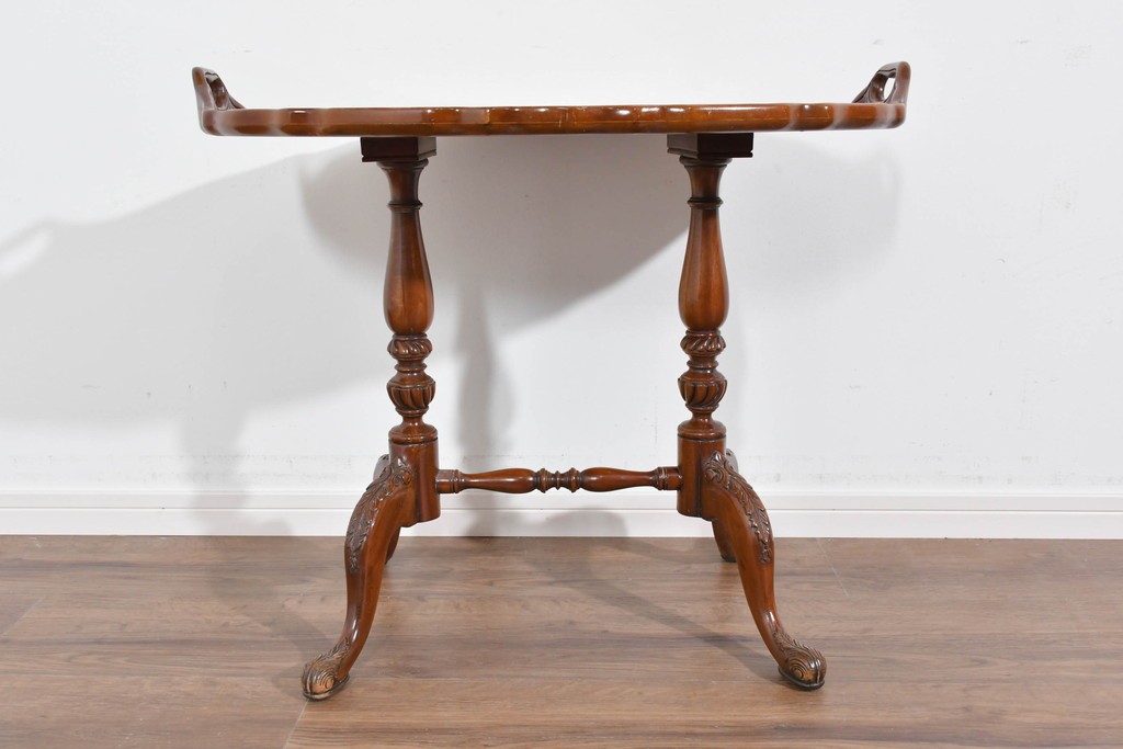 中古　美品　JANSEN(ジャンセン)　マホガニー材　縁取りの意匠が優雅なオーバルティーテーブル　定価約10万円　(R-085665)