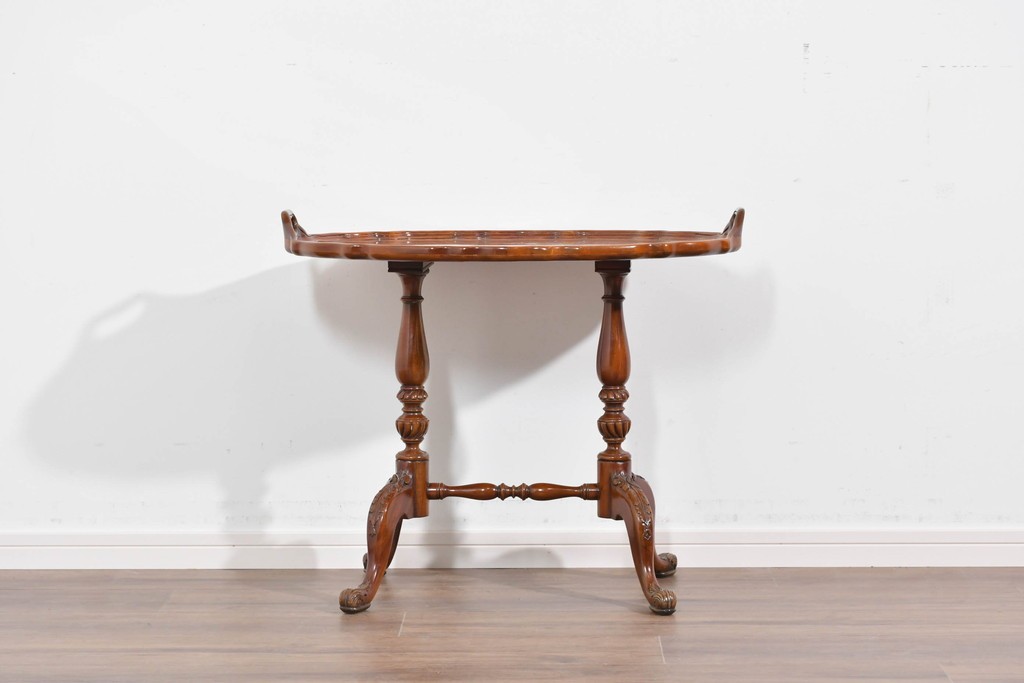 中古　美品　JANSEN(ジャンセン)　マホガニー材　縁取りの意匠が優雅なオーバルティーテーブル　定価約10万円　(R-085665)