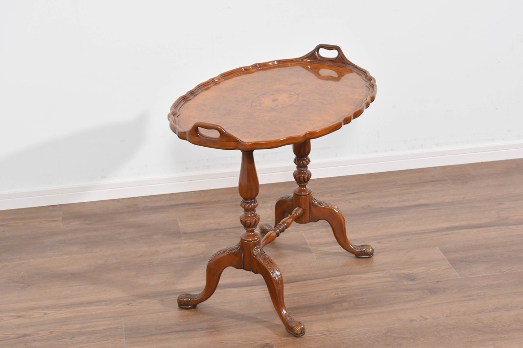 中古　美品　JANSEN(ジャンセン)　マホガニー材　縁取りの意匠が優雅なオーバルティーテーブル　定価約10万円　(R-085665)