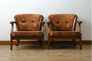 中古　三越家具(現カントリーハウス)　Brugge(ブルージュ)　クラシカルな草花文様のアームチェア2脚セット　(R-085671)