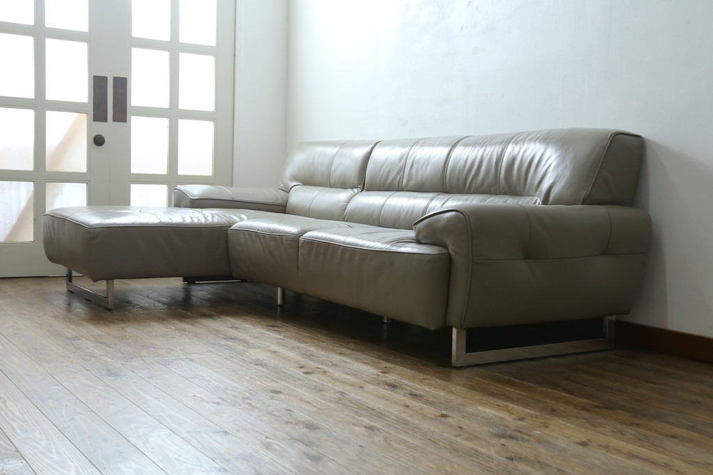 中古　美品　IDC大塚家具　L/S STYLISH-37(エルエススタイリッシュ37)　本革の上質な風合いが魅力のカウチソファ　定価約43万円　(R-085679)