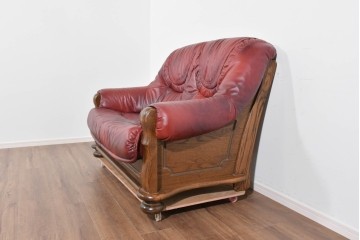 中古　オランダ輸入家具　オーク材の重厚なフレームと本革シートの質感が魅力の2人掛けソファ　定価約30万円相当　(R-085682)