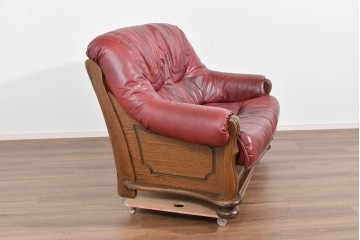 中古　オランダ輸入家具　オーク材の重厚なフレームと本革シートの質感が魅力の2人掛けソファ　定価約30万円相当　(R-085682)