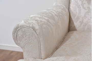 中古　超美品　特注品　国産職人手作り　某上場企業会長邸放出品　光沢のある織模様生地が上品なドレクセル風の一人掛けソファ2脚　製作費(1脚)約50万円　(R-085684)