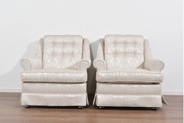 中古　超美品　特注品　国産職人手作り　某上場企業会長邸放出品　上品な織模様生地のドレクセル風の一人掛けソファ2脚　製作費(1脚)約50万円　(R-085686)