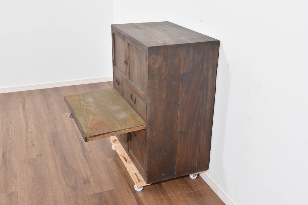 和製アンティーク　変わりデザイン!!　前面欅(ケヤキ)材の小振りな収納棚　(R-085698)