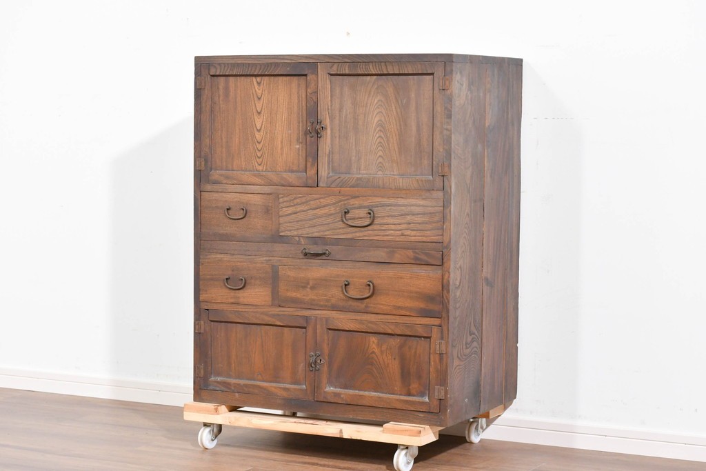 和製アンティーク　変わりデザイン!!　前面欅(ケヤキ)材の小振りな収納棚　(R-085698)