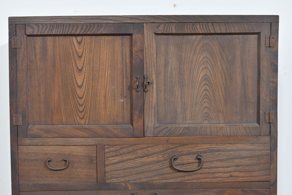 和製アンティーク　変わりデザイン!!　前面欅(ケヤキ)材の小振りな収納棚　(R-085698)