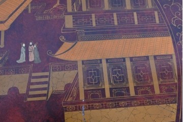 アジアンヴィンテージ　オリエンタル　風景画をあしらったティルトトップコーヒーテーブル　(R-085702)