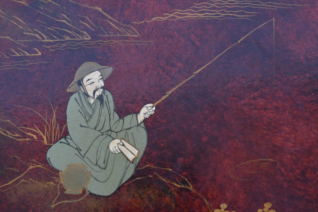 アジアンヴィンテージ　オリエンタル　風景画をあしらったティルトトップコーヒーテーブル　(R-085702)