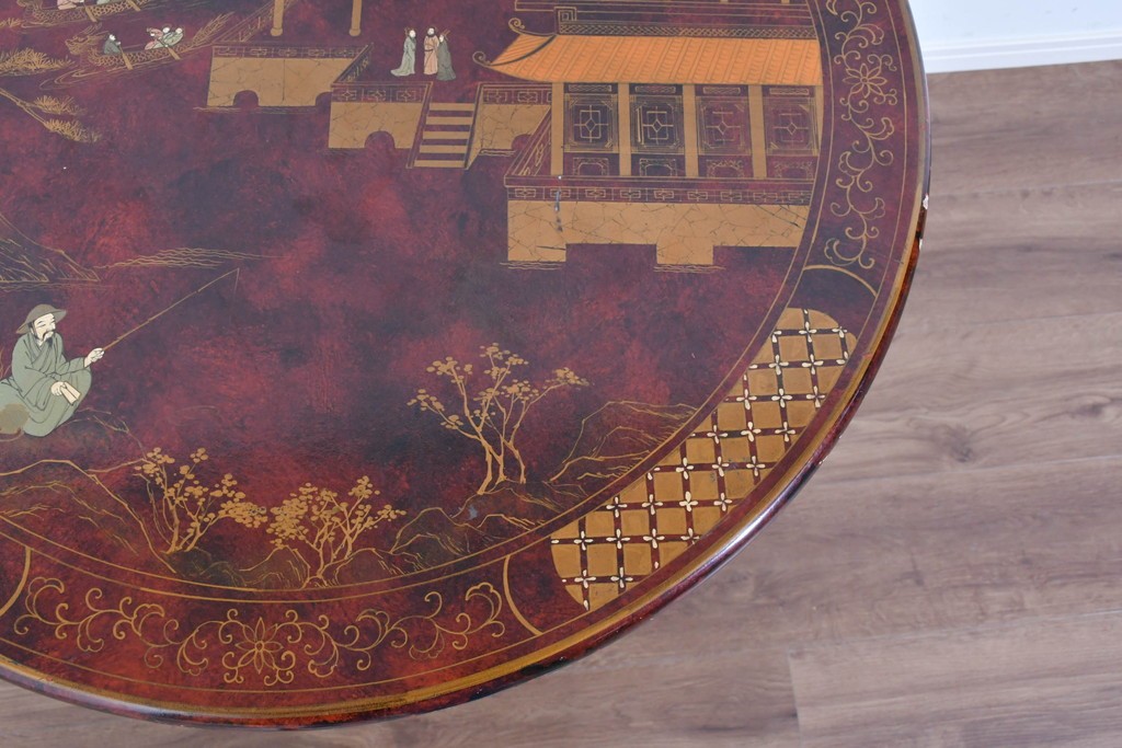アジアンヴィンテージ　オリエンタル　風景画をあしらったティルトトップコーヒーテーブル　(R-085702)