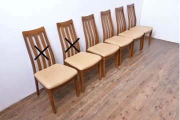 中古　マルニ木工(MARUNI)　ナラ材　本革　背もたれの曲線が美しいダイニングチェア4脚セット　(R-085704)