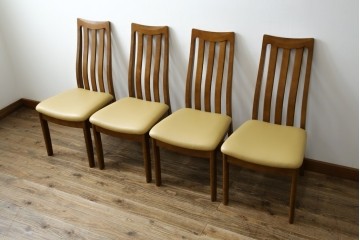 中古　マルニ木工(MARUNI)　ナラ材　本革　背もたれの曲線が美しいダイニングチェア4脚セット　(R-085704)
