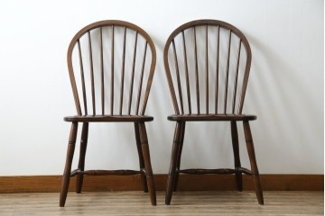 中古　松本民芸家具　#72リーチ型チェア　曲線の美しいウィンザースタイルのダイニングチェア2脚セット　定価(2脚合計)約19万6千円　(R-085707)