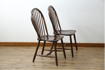 中古　松本民芸家具　#72リーチ型チェア　曲線の美しいウィンザースタイルのダイニングチェア2脚セット　定価(2脚合計)約19万6千円　(R-085707)