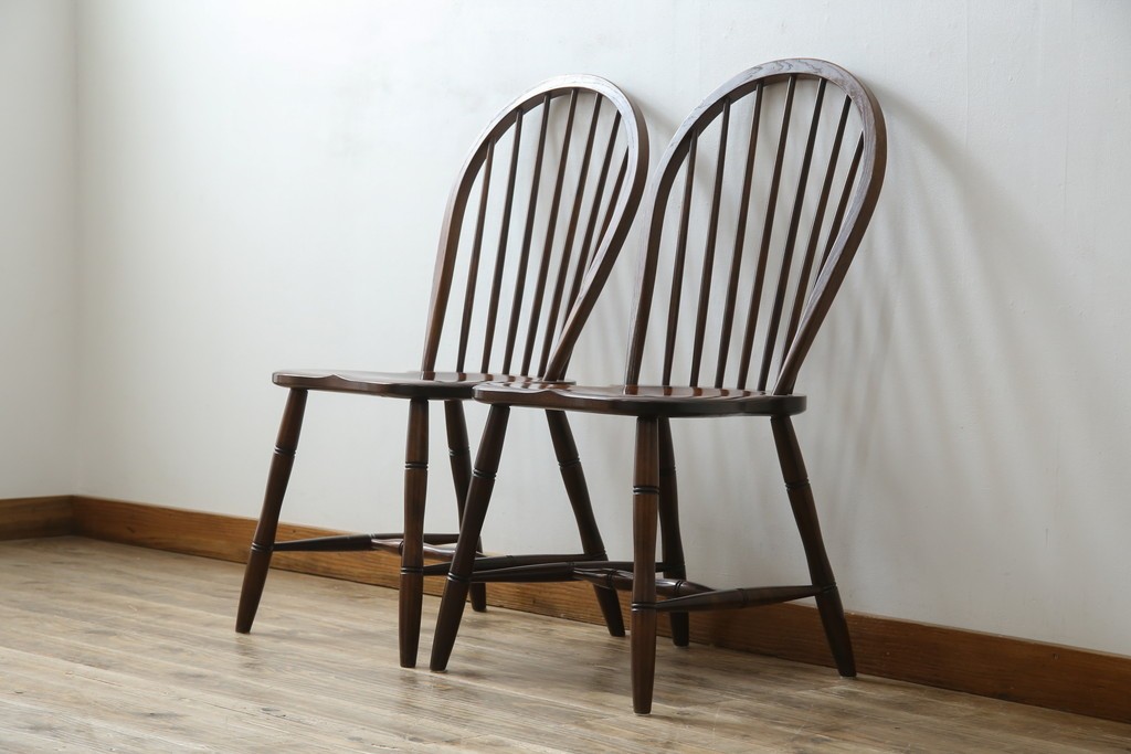 中古　松本民芸家具　#72リーチ型チェア　曲線の美しいウィンザースタイルのダイニングチェア2脚セット　定価(2脚合計)約19万6千円　(R-085707)