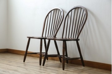 中古　松本民芸家具　#72リーチ型チェア　曲線の美しいウィンザースタイルのダイニングチェア2脚セット　定価(2脚合計)約19万6千円　(R-085707)