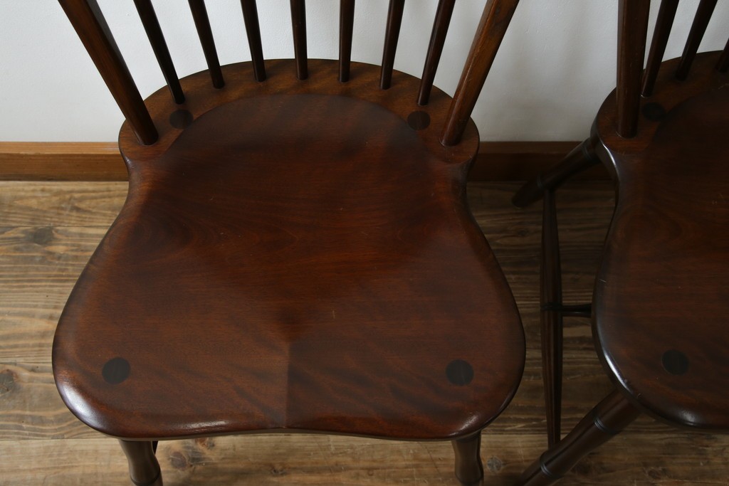 中古　松本民芸家具　#72リーチ型チェア　曲線の美しいウィンザースタイルのダイニングチェア2脚セット　定価(2脚合計)約19万6千円　(R-085707)