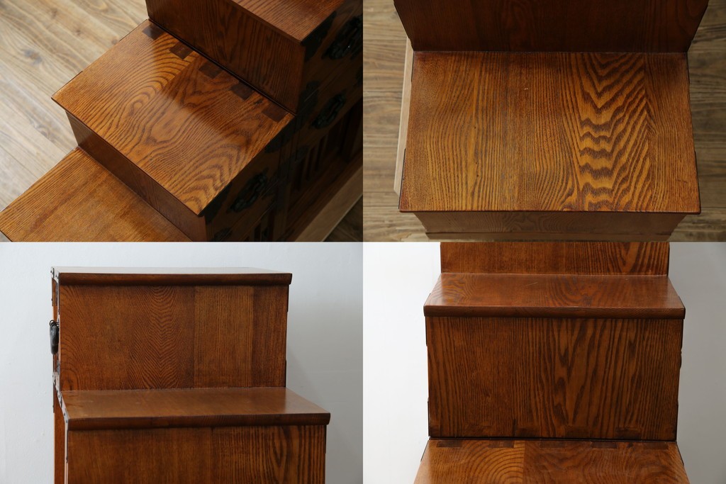 中古　美品　ニレ無垢材　格子意匠と金具装飾が美しい両面使いできる階段箪笥　(R-085708)