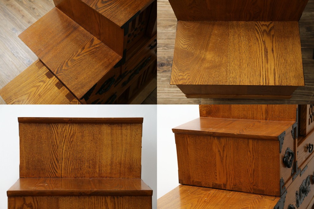 中古　美品　ガラス格子戸と重厚な金具が印象的な両面使いの階段箪笥　(R-085743)