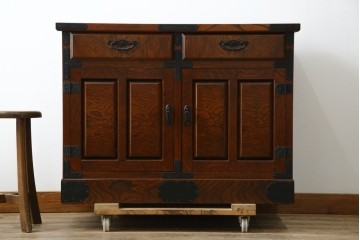 中古　美品　希少な廃番品!　駿河民芸　美しい木目と重厚な金具が際立つ上質な引き出し付き和風キャビネット　(R-085773)