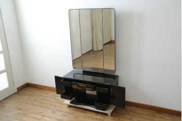 中古　美品　輪島塗り　花に雀の図が描かれた三面鏡台とスツールのセット　定価約180万円　(R-085780)