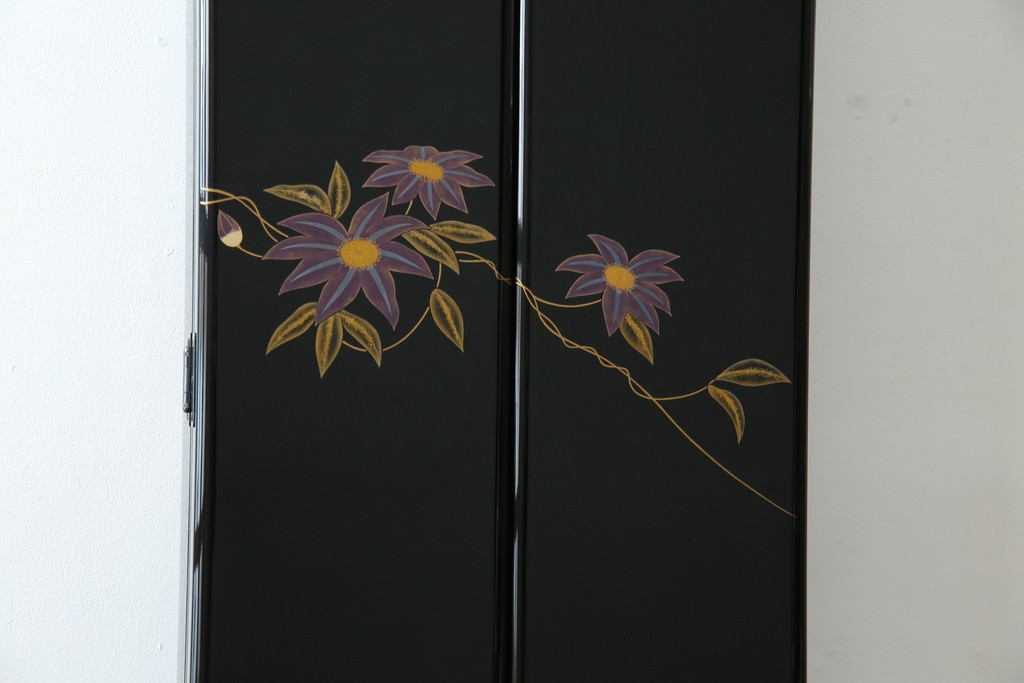 中古　美品　輪島塗り　花に雀の図が描かれた三面鏡台とスツールのセット　定価約180万円　(R-085780)