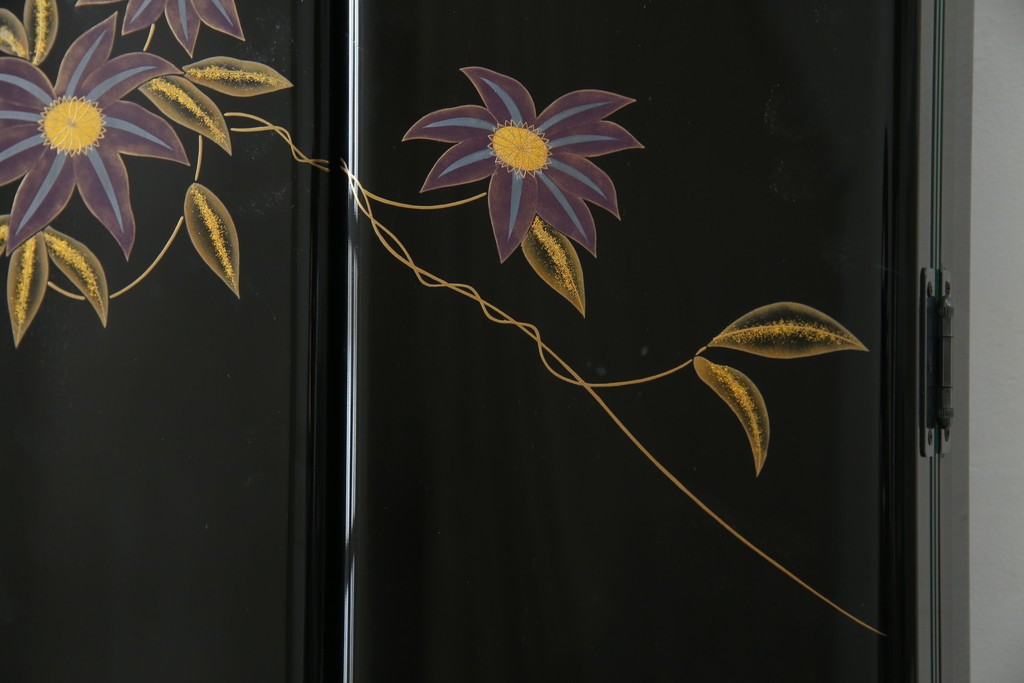 中古　美品　輪島塗り　花に雀の図が描かれた三面鏡台とスツールのセット　定価約180万円　(R-085780)