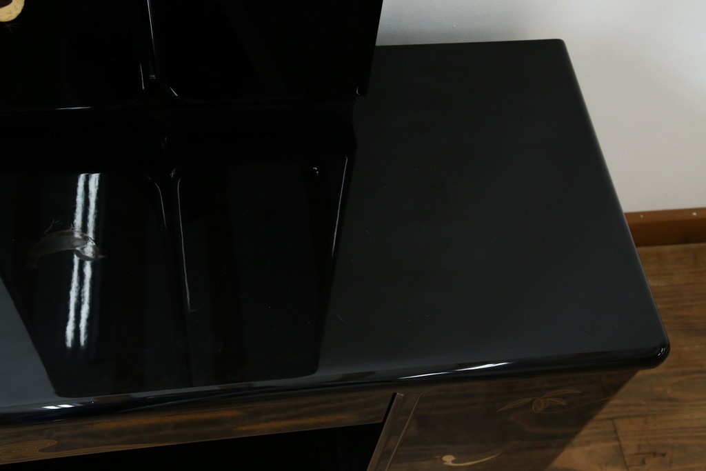 中古　美品　輪島塗り　花に雀の図が描かれた三面鏡台とスツールのセット　定価約180万円　(R-085780)