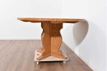 和製ヴィンテージ　良品!!　国産職人手作り品　タモ無垢材　柔らかな曲線脚の大振りなラウンドテーブル　(R-085781)