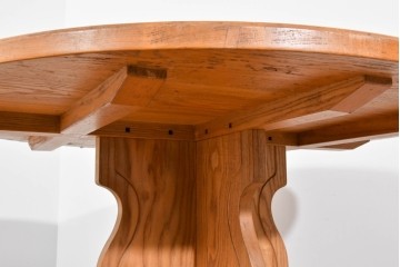 和製ヴィンテージ　良品!!　国産職人手作り品　タモ無垢材　柔らかな曲線脚の大振りなラウンドテーブル　(R-085781)