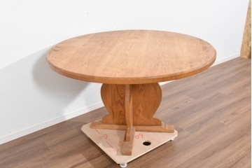 和製ヴィンテージ　良品!!　国産職人手作り品　タモ無垢材　柔らかな曲線脚の大振りなラウンドテーブル　(R-085781)