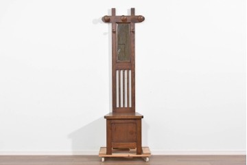 和製ヴィンテージ　希少な廃番品　飛騨産業　キツツキ　無垢楢(ナラ)材　ミラーとベンチ収納の付いた使い勝手の良いハンガーラック　(R-085791)