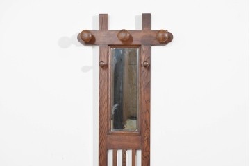 和製ヴィンテージ　希少な廃番品　飛騨産業　キツツキ　無垢楢(ナラ)材　ミラーとベンチ収納の付いた使い勝手の良いハンガーラック　(R-085791)