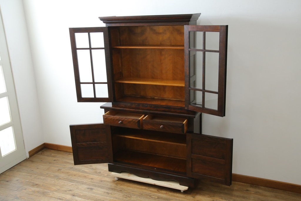 中古　美品　松本民芸家具　格子戸の意匠が上品なA型食器棚　定価約66万円　(R-085808)