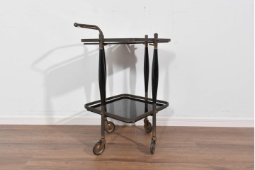 ヨーロッパヴィンテージ　希少デザイン　真鍮×黒ガラス　ミッドセンチュリースタイルのトロリーワゴン　(R-085846)