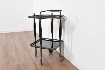 ヨーロッパヴィンテージ　希少デザイン　真鍮×黒ガラス　ミッドセンチュリースタイルのトロリーワゴン　(R-085846)