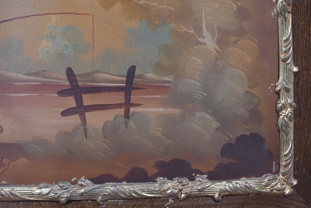 中古　美品　スペイン高級家具　MARINER(マリネール)　優雅な金彩装飾と風景画が美しいコーナーキャビネット　定価約45万円　(R-085851)