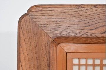 和製ヴィンテージ　職人手作り　脚(縞黒檀)　枠(欅材)　彫刻意匠と格子の美しい衝立　(R-085855)