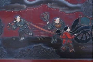 アジアンヴィンテージ　高級工芸品　漆塗り　人物と花鳥装飾が味わい深い朱塗りの衝立　(R-085856)