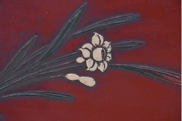 アジアンヴィンテージ　高級工芸品　漆塗り　人物と花鳥装飾が味わい深い朱塗りの衝立　(R-085856)