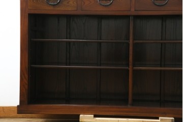 中古　ニレ材　格子意匠が特徴的な引き出し付き水屋箪笥サイドボード　(R-085861)