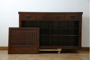 中古　ニレ材　格子意匠が特徴的な引き出し付き水屋箪笥サイドボード　(R-085861)