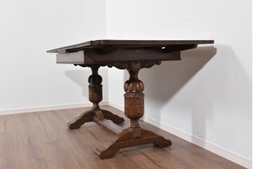 イギリスアンティーク　オーク材　バルボスレッグと細部の彫刻装飾が魅力のドローリーフテーブル　(R-085865)