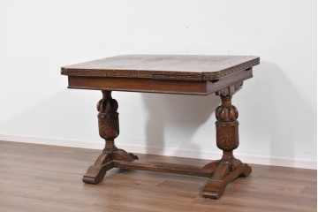 イギリスアンティーク　オーク材　バルボスレッグと細部の彫刻装飾が魅力のドローリーフテーブル　(R-085865)