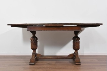 イギリスアンティーク　オーク材　バルボスレッグと細部の彫刻装飾が魅力のドローリーフテーブル　(R-085865)