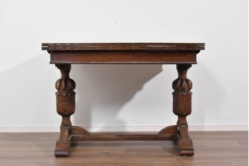 イギリスアンティーク　オーク材　バルボスレッグと細部の彫刻装飾が魅力のドローリーフテーブル　(R-085865)