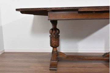 イギリスアンティーク　オーク材　バルボスレッグと細部の彫刻装飾が魅力のドローリーフテーブル　(R-085865)