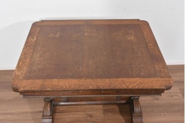 イギリスアンティーク　オーク材　バルボスレッグと細部の彫刻装飾が魅力のドローリーフテーブル　(R-085865)