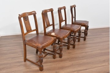 イギリスアンティーク　オーク材　存在感のある彫刻装飾とバルボスレッグが素敵なダイニングチェア4脚セット　(R-085866)